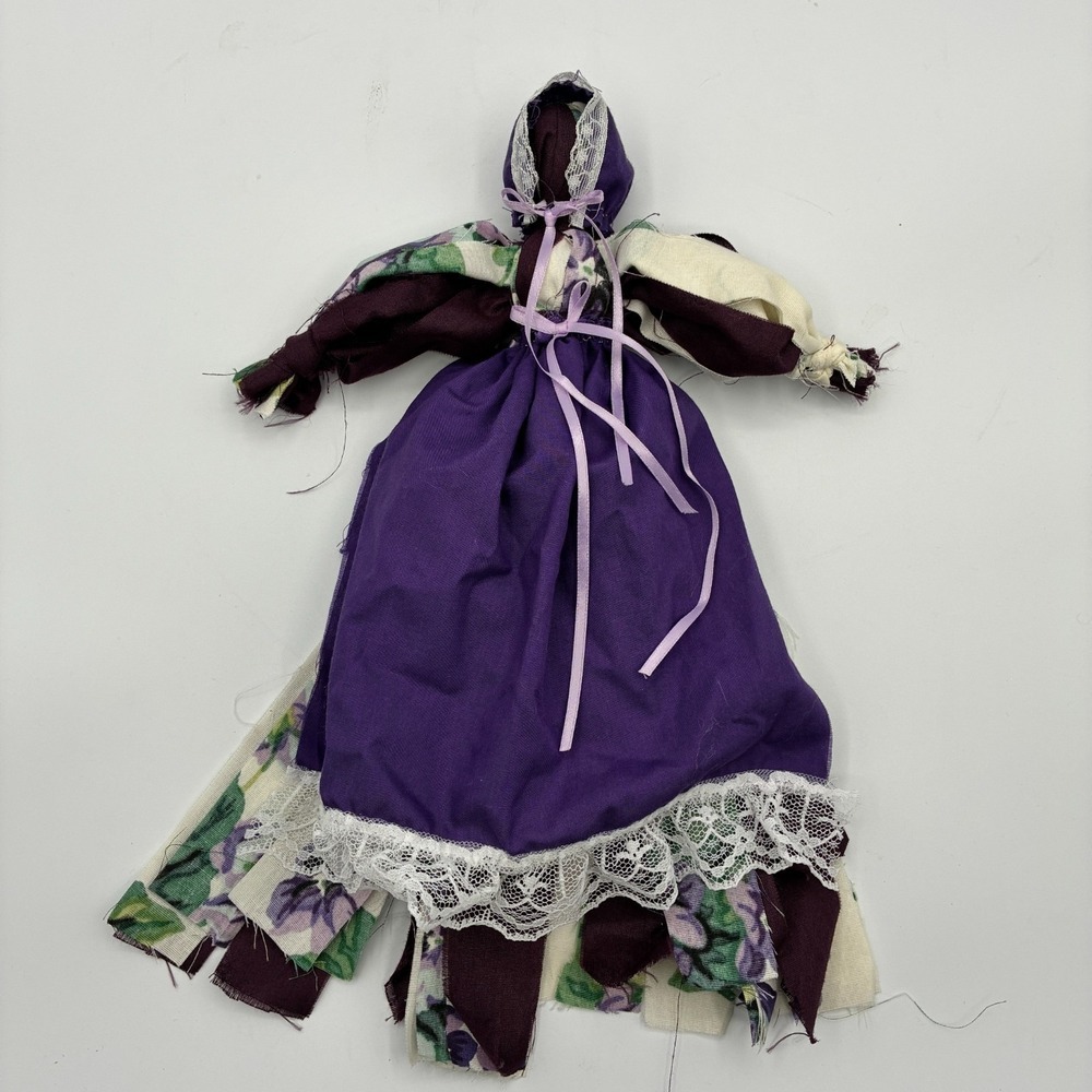 Handmade Cloth Fabric Scrap Doll Purple Floral Folk Art Primitive Rag Doll